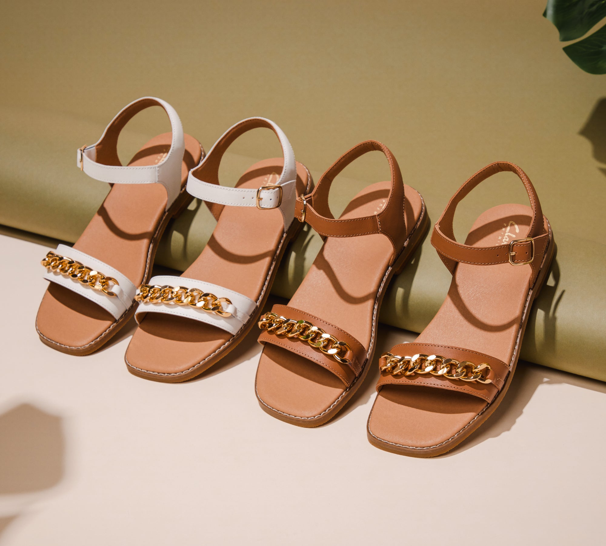 Tan and white sandals. Summer essentials. Shop new arrivals